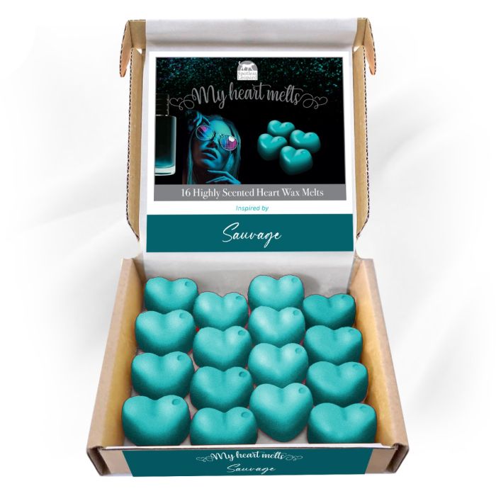 Sauvage Wax Melts: 16 x 5 g de cera derretida en forma de corazón, perfumada e inspirada en el perfume Sauvage, vegana y apta para mascotas, sin crueldad ni plástico, hecha a mano en el Reino Unido, alternativa a las velas 