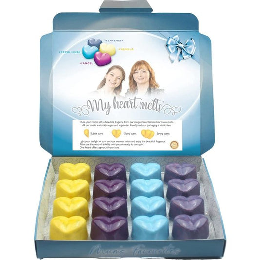 Favoritos de mamá - Cera derretida mixta - 4 de cada uno de 4 ángeles, 4 lino fresco, 4 lavanda, 4 cera derretida de vainilla, en caja de presentación, set de regalo para el día de la madre 16 x 5 g perfumado en forma de corazón. 