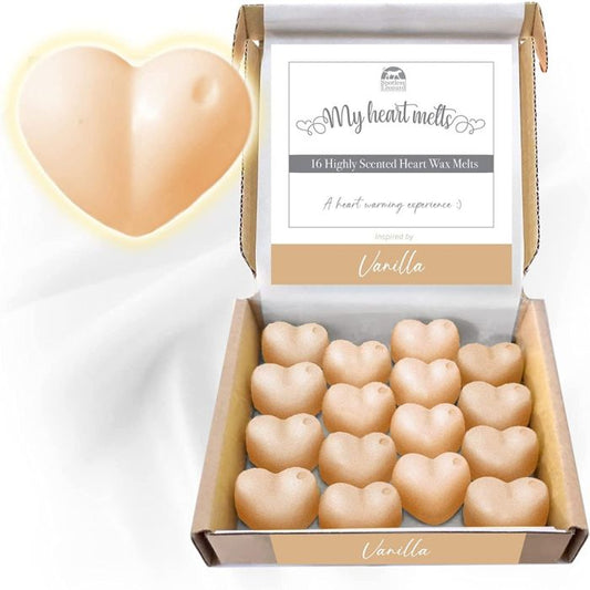 Cera de vainilla derretida: 16 x 5 g de cera derretida en forma de corazón perfumada con vainilla en una caja de regalo, sin crueldad ni plástico, velas de regalo para mujeres, alternativa a las velas 