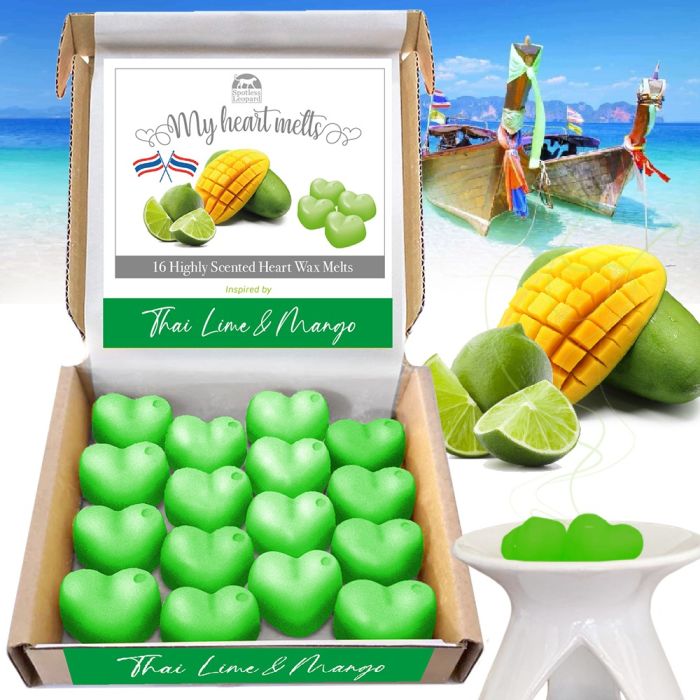 Thailändische Limetten- und Mango-Wachsschmelze: 16 x 5 g herzförmige Kerzen, Geschenke für Frauen, vegan und haustierfreundlich, tierversuchs- und plastikfrei, Wachsschmelze mit Mango- und Limettenduft 