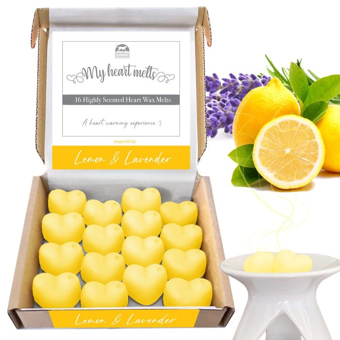 Lemon Lavender Wax Melts: 16 pcs x 5g Heart Shaped Scented Wax Melts, Vegan & Pet Friendly, Cruelty & Plastic Free, Handmade in UK, Candle Alternative