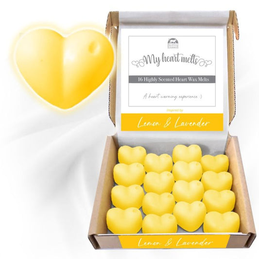 Lemon Lavender Wax Melts: 16 pcs x 5g Heart Shaped Scented Wax Melts, Vegan & Pet Friendly, Cruelty & Plastic Free, Handmade in UK, Candle Alternative