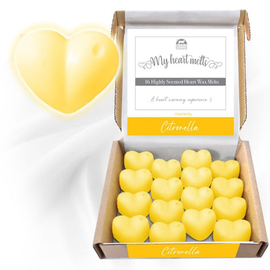 Citronella Wax Melts: 16 x 5g Heart Shaped Scented Wax Melts, Vegan & Pet Friendly, Cruelty & Plastic Free, Insect & Mosquito Repellent, Candle Alternative