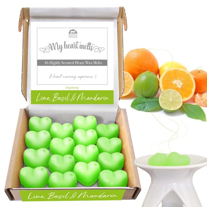 Lime Basil and Mandarin Wax Melts: 16 pcs Heart Shaped Wax Melts Scented with a Base of Essential Oils of Patchouli, Orange and Petitgrain, Candle Alternative