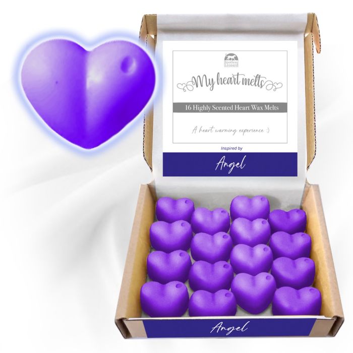 Cera derretida de ángel: 16 x 5 g de cera derretida en forma de corazón, perfumada e inspirada en el perfume de ángel, vegana y apta para mascotas, libre de crueldad y plástico, hecha a mano en el Reino Unido, alternativa a la vela 2 