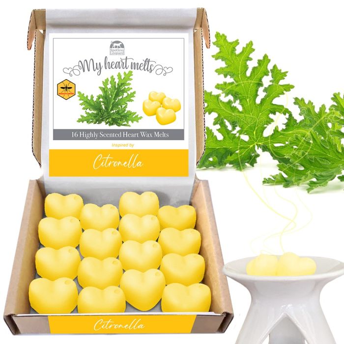 Cera de citronela derretida: 16 x 5 g de cera perfumada en forma de corazón, vegana y apta para mascotas, libre de crueldad y plástico, repelente de insectos y mosquitos, alternativa a velas