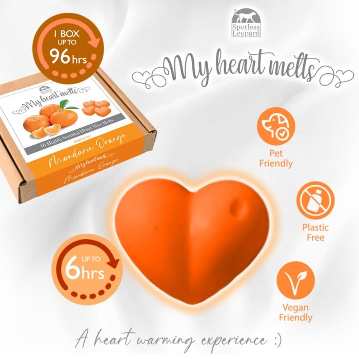 Mandarin Orange Wax Melts: 16 x 5g Heart Shaped Scented Wax Melts, Vegan & Pet Friendly, Cruelty & Plastic Free, Candle Alternative