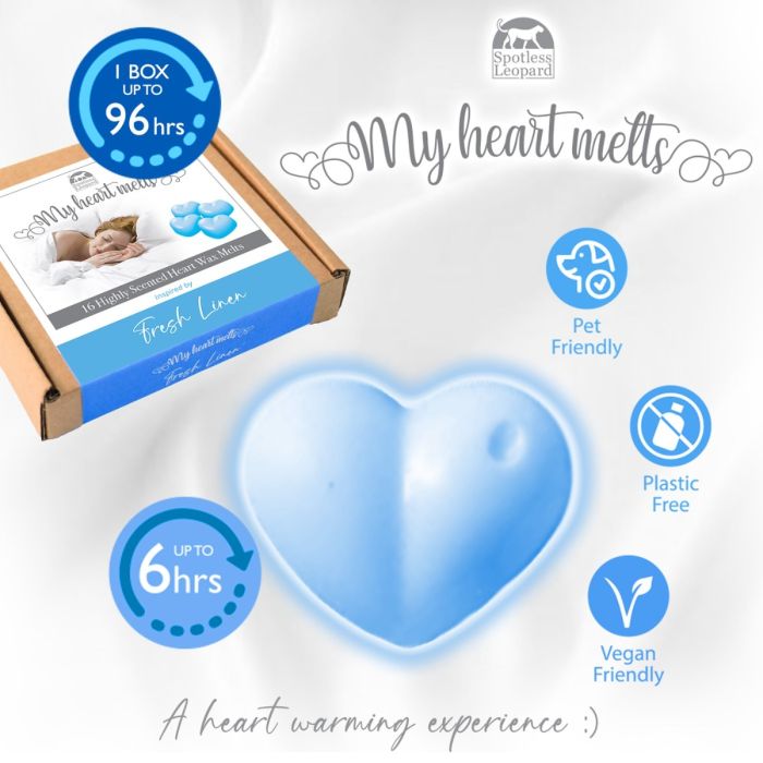 Fresh Linen Wax Melts: 16 pcs x 5g Heart Shaped Scented Wax Melts, Vegan & Pet Friendly, Cruelty & Plastic Free, Handmade in UK, Candle Alternative