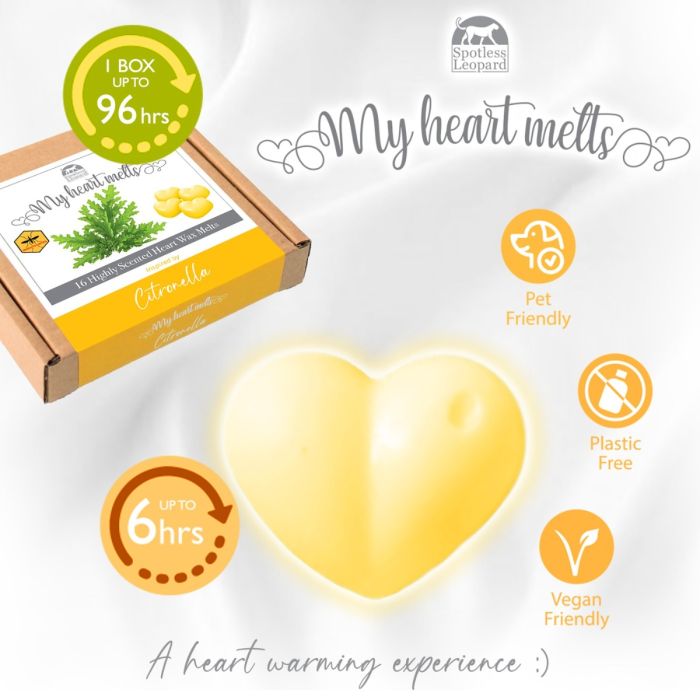 Citronella Wax Melts: 16 x 5g Heart Shaped Scented Wax Melts, Vegan & Pet Friendly, Cruelty & Plastic Free, Insect & Mosquito Repellent, Candle Alternative