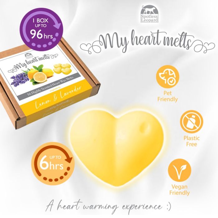 Lemon Lavender Wax Melts: 16 pcs x 5g Heart Shaped Scented Wax Melts, Vegan & Pet Friendly, Cruelty & Plastic Free, Handmade in UK, Candle Alternative