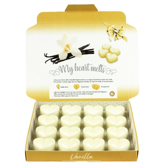 Vanilla Wax Melts: 16 x 5g Heart Shaped Wax Melts Scented in a Presentation Gift Box, Vegan & Pet Friendly, Cruelty Free, Candle Alternative