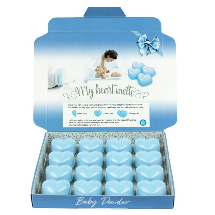 Baby Powder Wax Melts: 16 x 5g Heart Shaped Wax Melts Scented in a Presentation Gift Box, Vegan & Pet Friendly, Cruelty Free, Handmade in UK, Candle Alternative