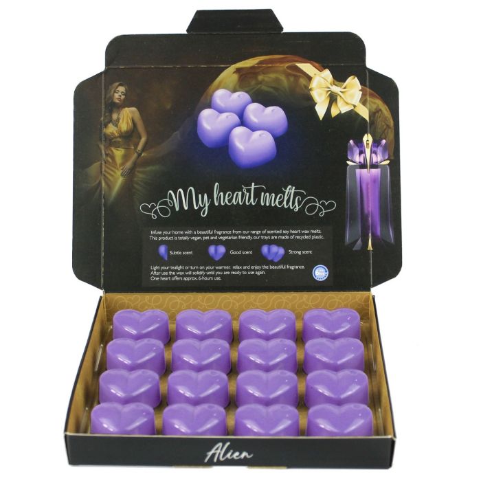 Alien Wax Melts: 16 piezas x 5 g de cera perfumada en forma de corazón inspirada en Alien Perfume, en una caja de regalo de presentación, vegana y apta para mascotas, libre de crueldad y plástico, hecha a mano en el Reino Unido, alternativa a las velas 