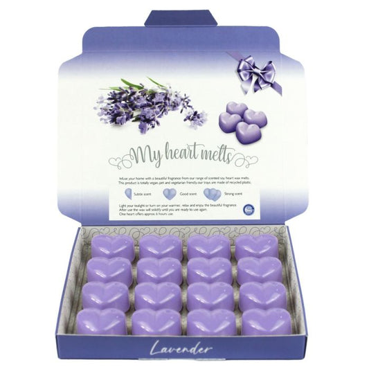 Lavender Wax Melts: 16 pcs x 5g Heart Shaped Wax Melts Scented with Lavender in a Presentation Gift Box, Vegan & Pet Friendly, Cruelty & Free, Candle Alternative