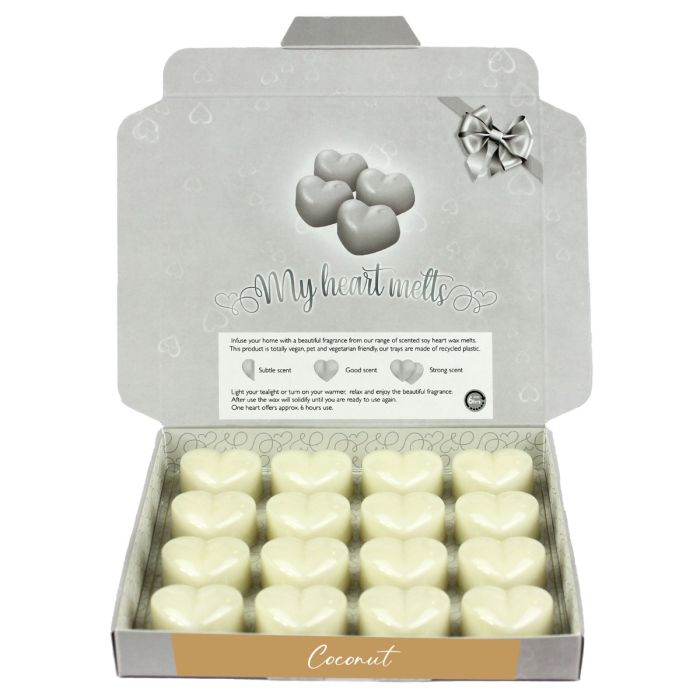 Coconut Wax Melts: 16 x 5g PCS Heart Shaped Scented Wax Melts in a Presentation Gift Box, Vegan & Pet Friendly, Cruelty Free, Candle Alternative