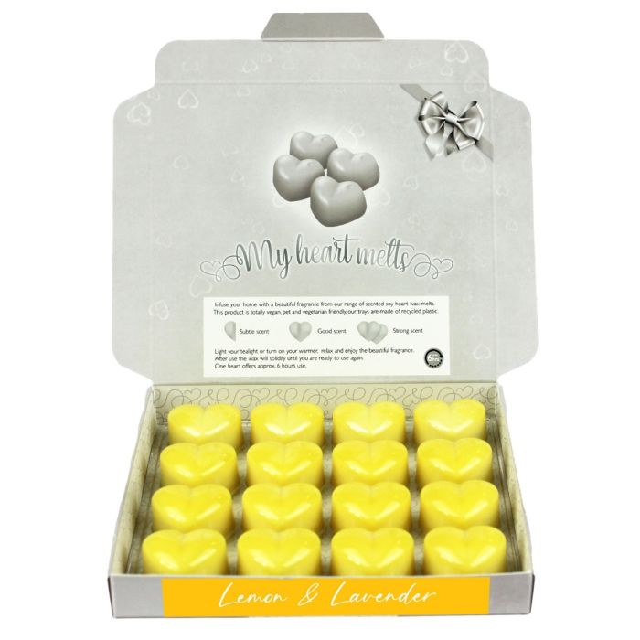 Lemon Lavender Wax Melts: 16 x 5g Heart Shape Scented Wax Melts in a Presentation Gift Box, Vegan & Pet Friendly, Cruelty Free, Candle Alternative